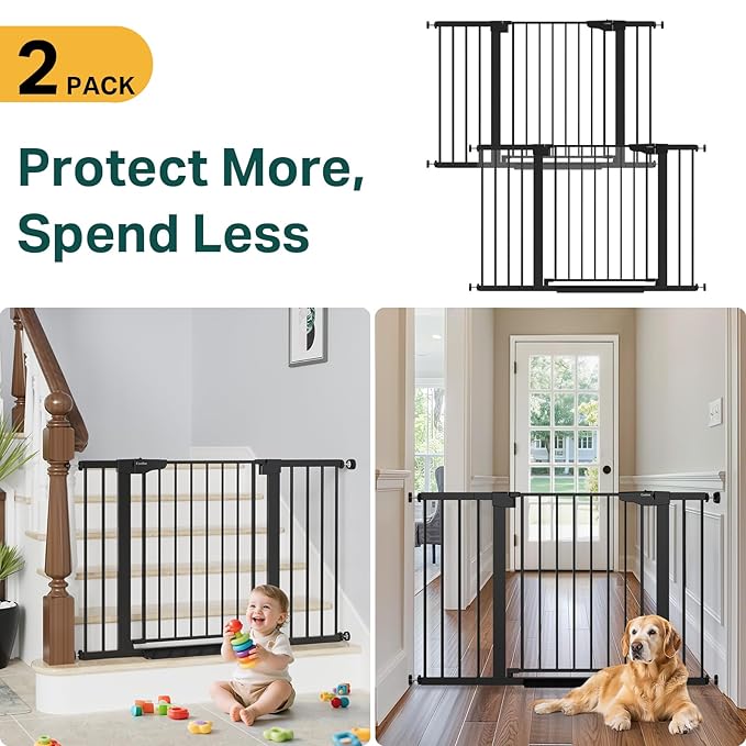 Cumbor 48" Auto Close Baby Gate & Cumbor 2 Pack 48" Dog Gate, Durable Child Gate for Stairs, Doorways, Easy Walk Thru Dog Gate for House for Doorways