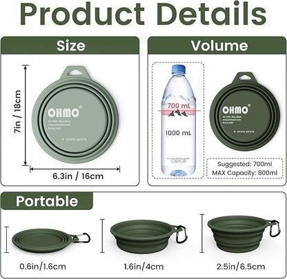 OHMO Collapsible Dog Water Bowls w/Built-in Stainless Steel Ring – 2pcs Large 27oz/800ml Portable Silicone Pet Feeding Bowl for Hiking, Camping, Travel