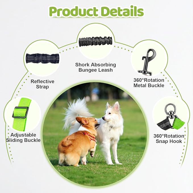 Double Dog Leash - 360°Swivel Tangle Free Splitter Attachment, 2 Dogs Multi-Functional Leashes, Dual Rope for Outdoor Walk Train Small Medium Large Two Pet, Green