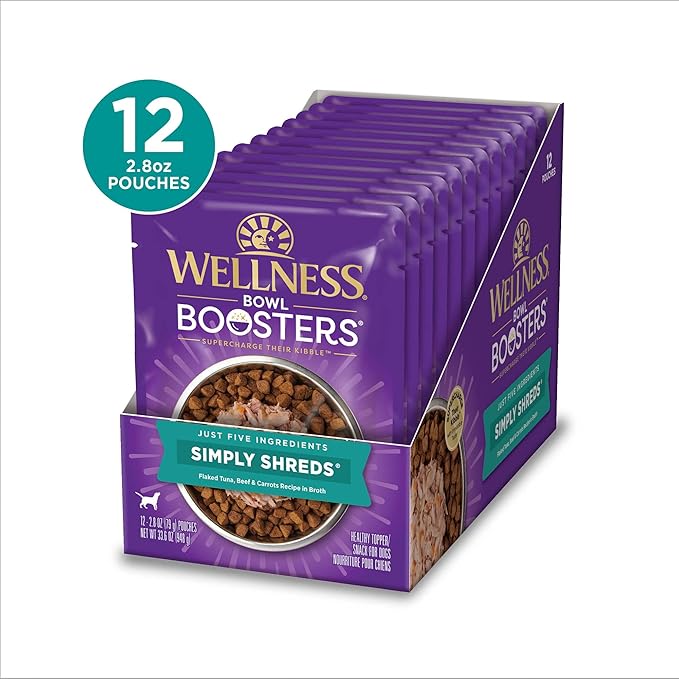 Wellness Bowl Boosters Simply Shreds Wet Dog Food Topper for Small, Medium, and Large Breeds, Grain Free, Natural, Tuna, Beef, and Carrots Recipe, 2.8 oz, Pack of 12 Pouches