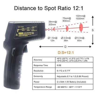 KETOTEK Infrared Thermometer Non Contact IR Digital Laser Temperature Gun -50℃～600℃ (-58℉～1112℉) Adjustable Emissivity Thermometer Gun for Cooking