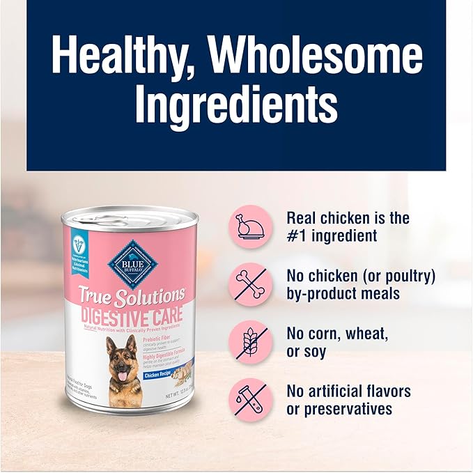 Blue Buffalo True Solutions Digestive Care Wet Dog Food for Adult Dogs,Made with Natural Ingredients,Chicken,12.5-oz. Cans,(Pack of 24)