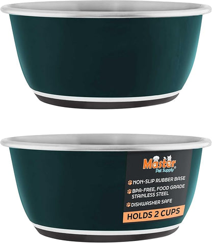 Master Pet Supply Stainless Steel Dog Bowls Set of 2 (16 Oz Each) with Non-Slip Rubber Base - Emerald Sea - Basic Dog Food Bowl Water & Food Bowls for Small Medium Large Dogs & Cats, Metal Dish