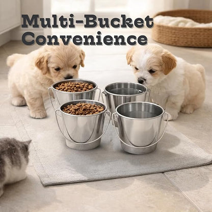 Heavy Duty Stainless Steel Dog Water Bucket with Handle, 1 Quart (0.25 Gallon) Round Pail for Small Dogs Cat Bird & Livestock, Fits Kennel & Farm, Hanging Utility Silver Pet Pails, 4 Pack