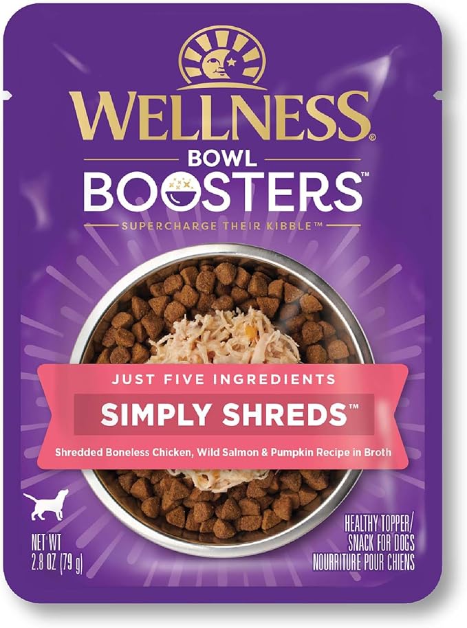 Wellness Bowl Boosters Simply Shreds Wet Dog Food Topper for Small, Medium, and Large Breeds, Grain Free, Natural, Wild Salmon and Pumpkin Recipe, 2.8 oz, Pack of 12 Pouches