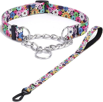 Martingale Dog Collar with Stainless Steel Chain - Limited Chain Cinch Training Collar for No Pull Training Dog - Flower Multicolor Cute Patterns - Premium No Slip Collar (L, Fireworks Set)