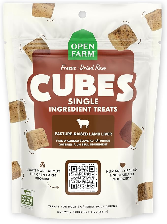 Open Farm Cubes, Freeze-Dried Raw, Single Ingredient Dog Treats, Lamb Liver, 3oz Pouch