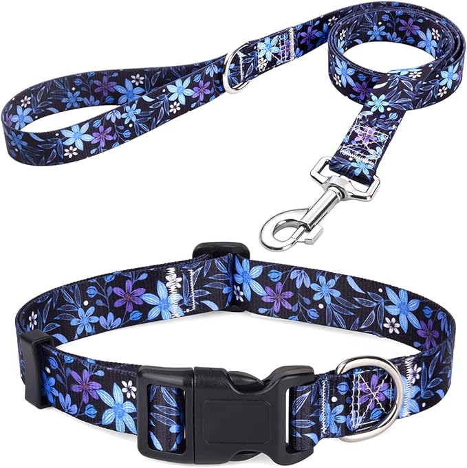 Mihqy Dog Collar and Leash Set with Bohemia Floral Tribal Geometric Patterns - Soft Ethnic Style Collar Adjustable for Small Medium Large Dogs(Blue Floral Set,M)