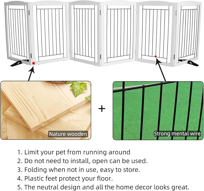 ZJSF Freestanding Dog Fence Indoor, Foldable Dog Gate for Doorways, Stairs or Hallways, Sturdy Wood Extra Wide Pet Gate with Support Feet for The House, White, 32 "Height-6 Panels