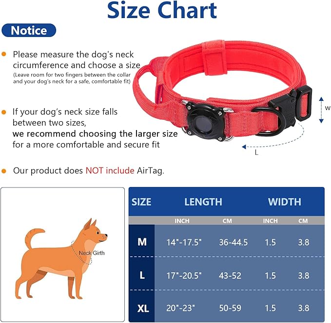 Smart Waterproof AirTag Dog Collar with QR Code ID Tag, Anti-Lost Tactical Dog Collar with Built-in AirTag Holder, Metal Buckle & Control Handle, GPS Tracker Collar for Medium to Large Dogs (Red, L)