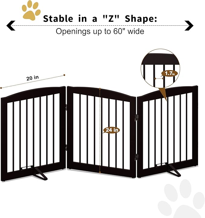 PUPETPO Freestanding Pet Gate for Dogs, Foldable Wooden Dog Gate for House, Indoor Dog Gate for Doorways, Stairs, Gates for Dogs Indoor, Support Feet Included, 24" Height 3 Panels, Brown