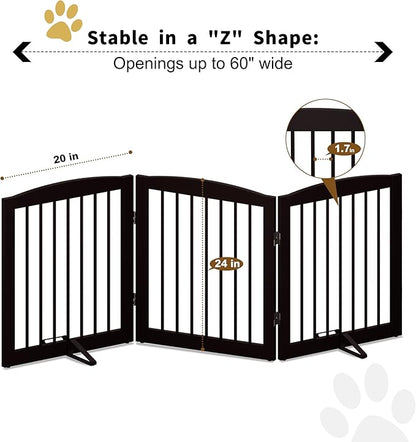 PUPETPO Freestanding Pet Gate for Dogs, Foldable Wooden Dog Gate for House, Indoor Dog Gate for Doorways, Stairs, Gates for Dogs Indoor, Support Feet Included, 24" Height 3 Panels, Brown