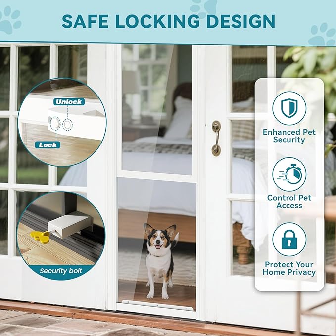 MOPHOTO Dog Door for Sliding Glass Door, Adjustable Height 74.8"-80" Glass Pet Door, No-Drill Insert Installation, Rental-Friendly Sliding Pet Door with Security Lock & Weather Stripping, White