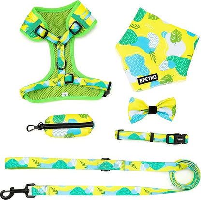 Small Dog Harness and Leash Set of 6, No Pull Soft Lightweight Mesh Puppy Harness， Adjustable Cute Floral Pattern Pet Harness for Small Medium Dogs (Green Leaf, M)