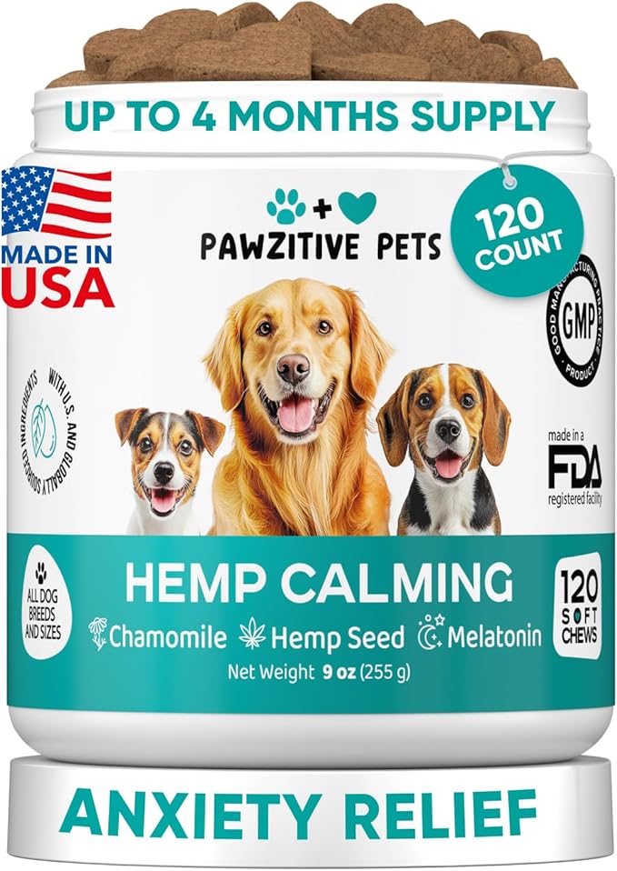 Hemp Calming Chews for Dogs - Dog Calming Chews for Anxiety Relief, Stress, Separation, Fireworks, Thunder, Travel, Vet Visits - USA Product - 120 Soft Treats with Melatonin, Chamomile, Passion Flower