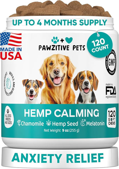 Hemp Calming Chews for Dogs - Dog Calming Chews for Anxiety Relief, Stress, Separation, Fireworks, Thunder, Travel, Vet Visits - USA Product - 120 Soft Treats with Melatonin, Chamomile, Passion Flower