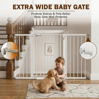 Mumeasy 29.7-57" Extra Wide Baby Gate, Auto Close Large Dog Gate for Doorways, No Drilling Pressure Mounted Pet Safety Gate for Stairs, Easy Walk Through Child Gate for Hallways, House, Indoor, White