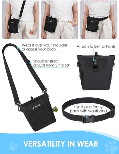 Gobeigo Dog Treat Pouch, Magnetic Closure & Sealable Silicone Bag Insert, 4-Cup Capacity – Belt Clip/Waist Belt/Crossbody Wear, Clicker Included – Great for Pet Training & Walking (Black)