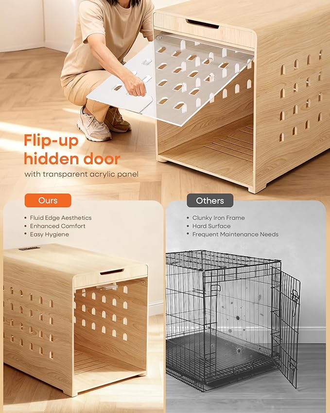Modern Dog Crate Furniture with Charging Station Large Kennel Indoor with Flip-up Hidden Acrylic Door for Large and Medium Breeds up to 110lb Wood Pet End Side Table Cage, Oak