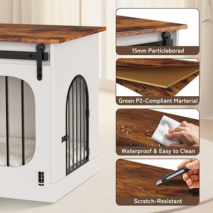 XXL Dog Crate Furniture, 47.2 Inches White Kennel Furniture with Cushion Decorative Farmhouse Crate Indoor Thick Wooden Pet House End Table Modern Cage Furniture for Medium/Large Dog