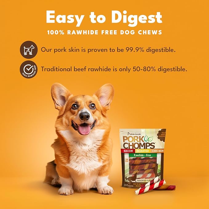Pork Chomps Baked Pork Skin Dog Chews, 6 Inch Twists, 24 Count - Assorted Flavors - Long-Lasting Treats for Dogs - High Protein, Rawhide-Free, Low Fat, Healthy & Delicious Chews