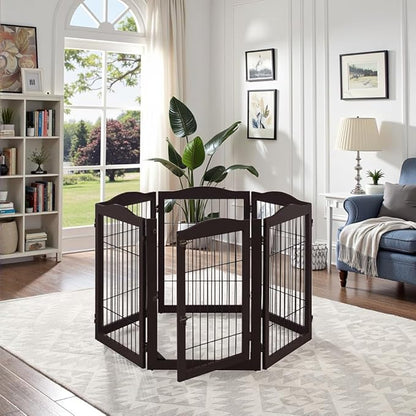 unipaws 132" Extra Wide Dog Gate and Pet Playpen, Free Standing Tall Dog Fence with Walk Through Door, Dog Barriers for Home, Use as Indoor Dogs Cats Pen, Rabbit Pen, Espresso
