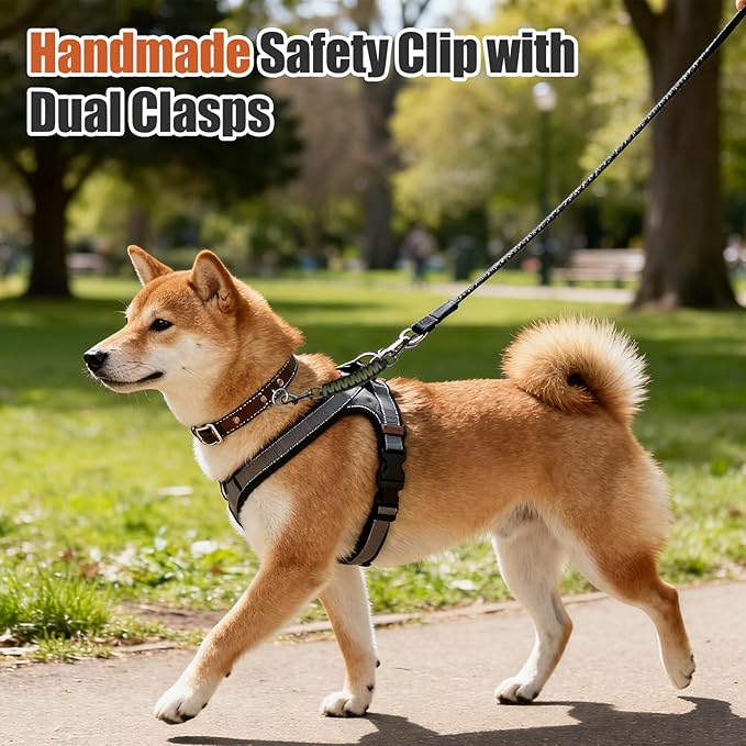 Dog Collar Safety Clip with Dual Clasps,Handmade Backup Safety Strap for Dog Harness, Collars and No Pull Harness Connectors (Black & Army Green)