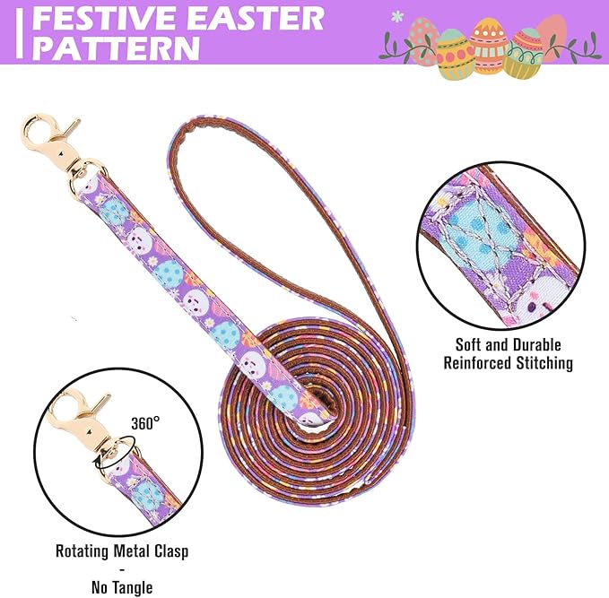 EXPAWLORER Easter Dog Collar and Leash Set - Egg Bunny Pattern Bow Tie & Bandana Embroidery Holiday Pet Collars with Bell, Soft Tangle Free Leash for Dogs Cats Outdoor Walking, Small