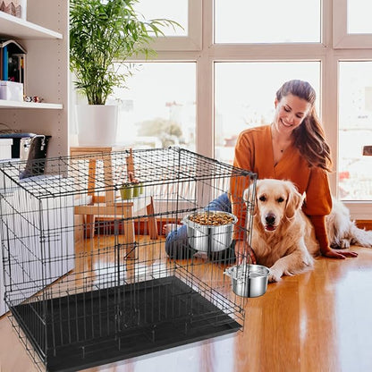 Crate Food and Water Bowl, ShineMe 2 Pack Stainless Steel Hanging Pet Bowls for Crates Kennels Cages, Metal Dog Crate Bowls Hanging No Spill for Medium and Large Pets (7.1 * 3.5” & 5.5 * 3.2”)
