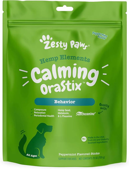 Zesty Paws OraStix for Dogs - Calming Dental Sticks for Stress with Hemp Melatonin Chamomile Dog Healthy Teeth and Gums Calm Composure for Fireworks and Thunderstorms - 25oz