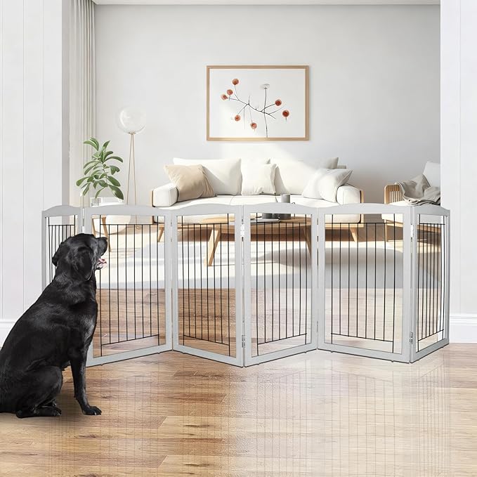 ZJSF Freestanding Foldable Dog Gate for House Extra Wide Wooden Grey Puppy Gate Stairs Dog Gates Doorways Tall Pet Gate 6 Panels Pet Fence