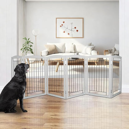 ZJSF Freestanding Foldable Dog Gate for House Extra Wide Wooden Grey Puppy Gate Stairs Dog Gates Doorways Tall Pet Gate 6 Panels Pet Fence