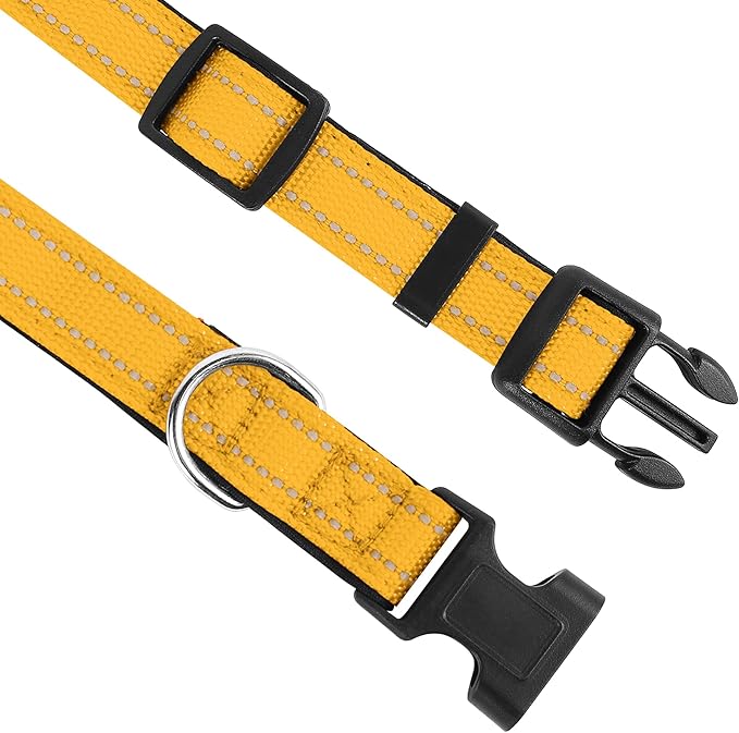 Reflective Dog Collar, Adjustable Soft Neoprene Padded Nylon Pet Collars with Buckle for Large Dogs, Yellow,L