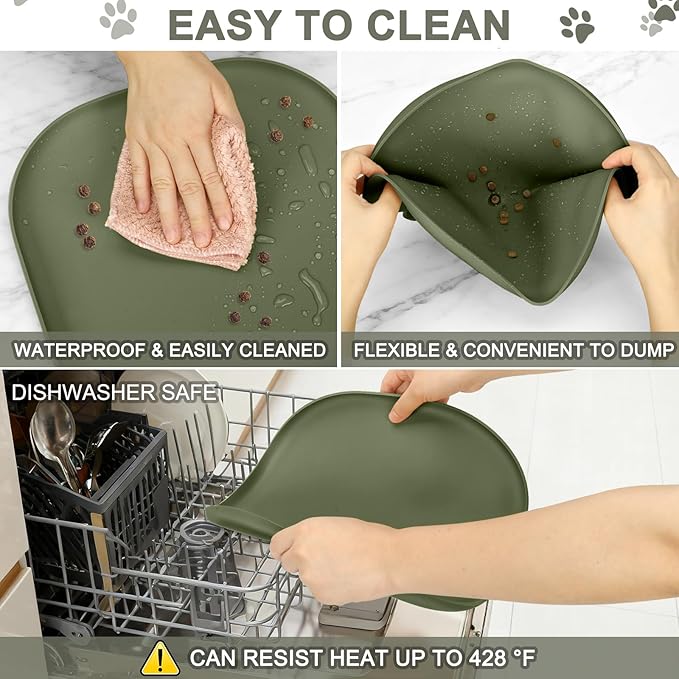 Small Silicone Pet Food Mat with Raised Edge for Food and Water Bowl, Square Dog Feeding Mats, Cat Food Trays for Floor Waterproof, Rubber Tray for Dogs and Cats, 12 x 12 x 0.7 Light Olive Green