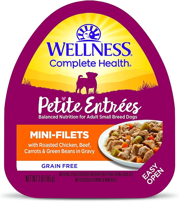Wellness Petite Entrees Mini Filets Small Breed Adult Wet Dog Food, Grain Free, Natural, Roasted Chicken, Beef, Carrots, and Green Beans, 3 oz, Pack of 12 Cups