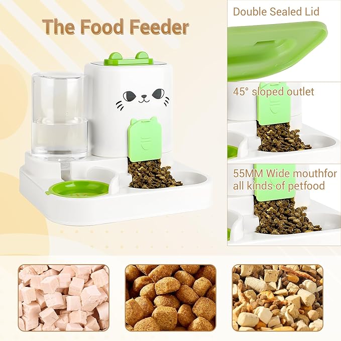 2-in-1 Gravity Pet Feeder & Water Dispenser for Cats Dogs - Large Capacity Cat Food Station with Water Bowl, Travel-Friendly (Green)