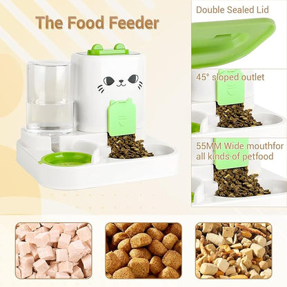 2-in-1 Gravity Pet Feeder & Water Dispenser for Cats Dogs - Large Capacity Cat Food Station with Water Bowl, Travel-Friendly (Green)
