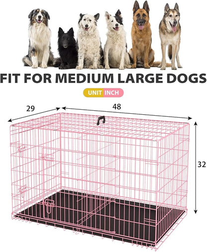 BestPet | Dog Crate | 48" | Pink | Foldable Metal Kennel with Double Doors, Secure Slide-Bolt Latches, Leakproof Tray | Portable Dog Cage for Large Breeds | for Travel, Indoor & Outdoor Use