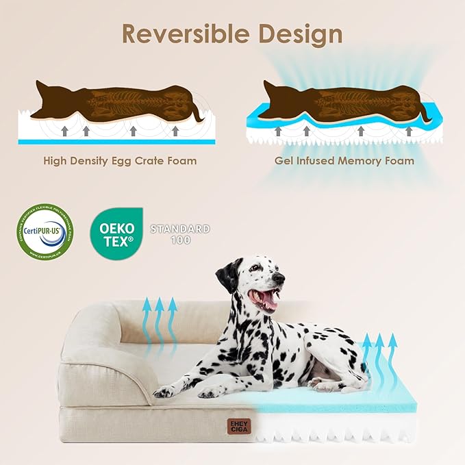 EHEYCIGA Orthopedic Dog Beds for Large Dogs, Waterproof Memory Foam Large Pet Bed with Sides, Non-Slip Bottom and Egg-Crate Foam Dog Couch Bed with Washable Removable Cover, Beige