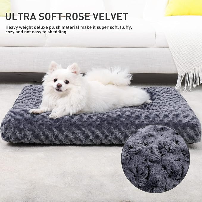 KSIIA Washable Dog Bed Deluxe Plush Dog Crate Beds Comfy Kennel Pad Anti-Slip Pet Sleeping Mat for Large, Jumbo, Medium, Small Dogs Breeds, 23" x 18", Dark Grey