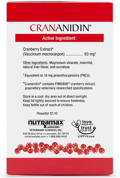 Nutramax Crananidin for Dogs, Urinary Tract Health and Bladder Health Support, Cranberry Supplement for Dogs of all Breeds and Sizes, Chewable Tablets, 75 Count
