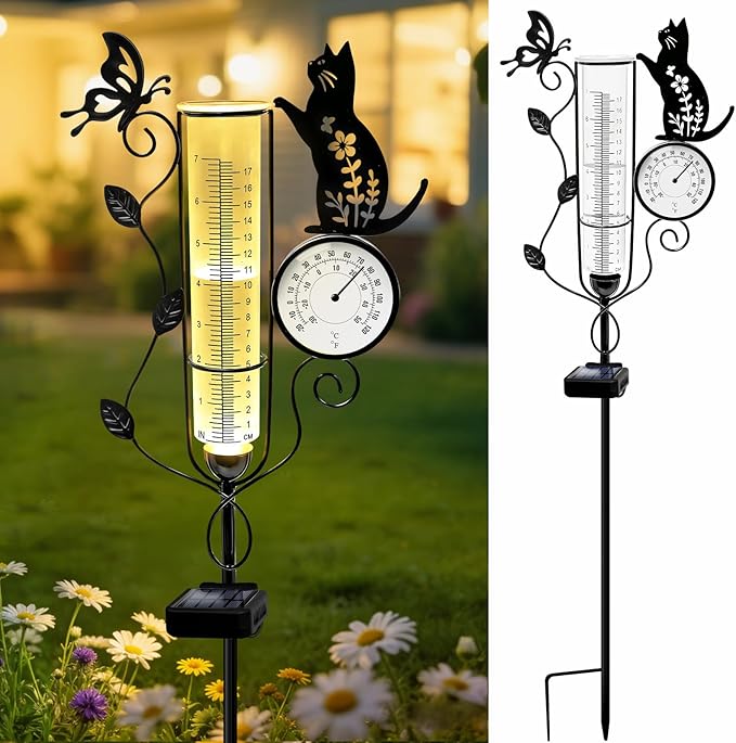 YJFWAL Cat Rain Gauge Outdoor, Decorative Metal Butterfly Solar Rain Gauge with LED Light and Thermometer, Garden Decor for Yard, Lawn, Pathway, Farm
