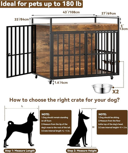 43 Inch Dog Crate Furniture, Heavy Duty Dog Kennel with 3 Doors, 2 Adjustable Bowls and Lockable Wheels, Wooden Dog House for Large Dogs, End Table Dog Cage, Rustic Brown