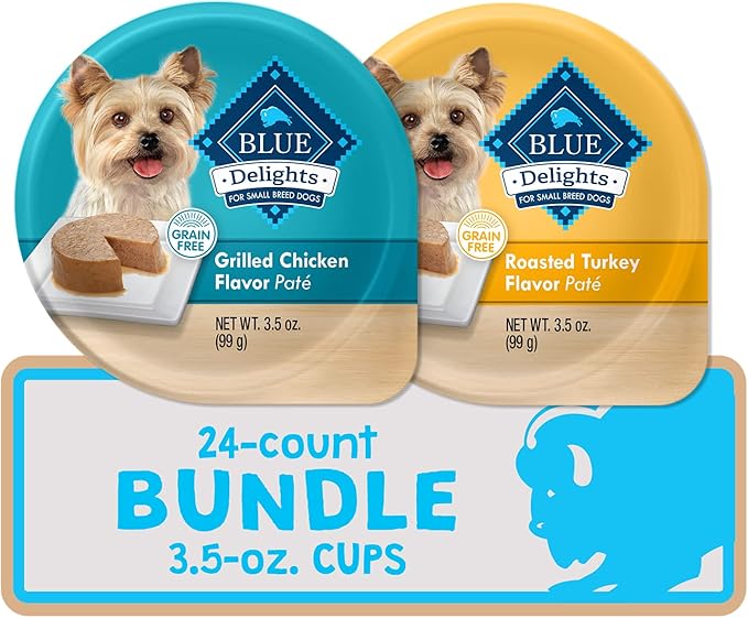 Blue Buffalo Delights Natural Adult Small Breed Wet Dog Food Cups, Pate Style, Roasted Turkey & Grilled Chicken 3.5-oz (24 Count - 12 of Each Flavor)