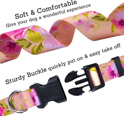 Mihqy Dog Collar with Bohemia Floral Tribal Geometric Patterns - Soft Ethnic Style Collar Adjustable for Small Medium Large Dogs（ Pink Rose, M ）