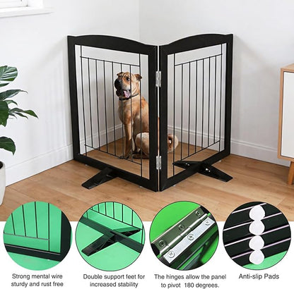 ZJSF Freestanding Dog Fence Indoor, Foldable Dog Gate for Doorways, Stairs or Hallways, Sturdy Wood Extra Wide Pet Gate with Support Feet for The House, Black, 24 "Height-2 Panels