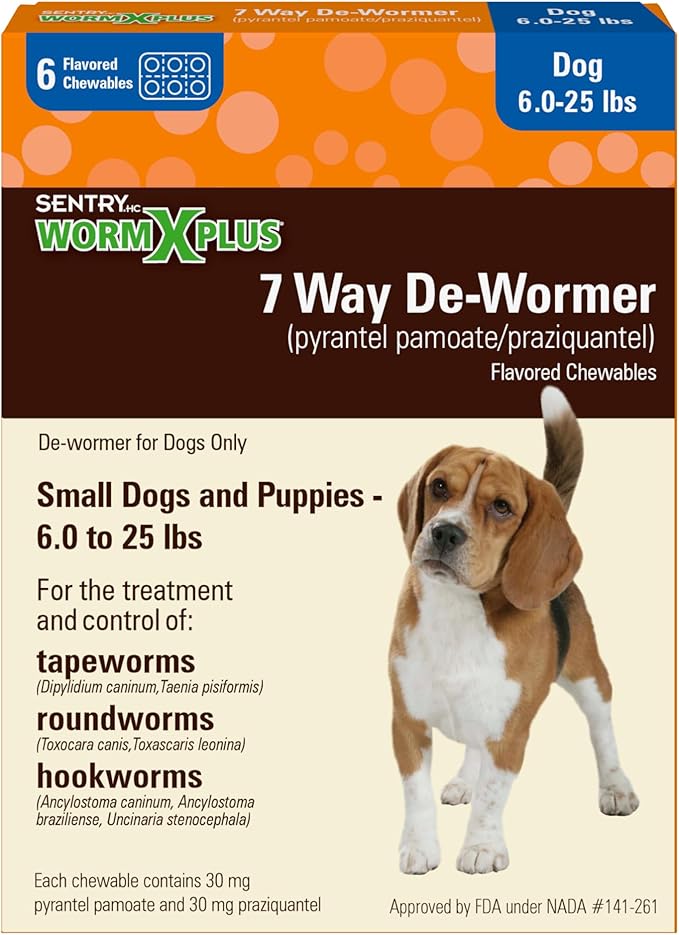 WORM X PLUS 7 Way De-Wormer Chewables for Dogs - Tablets for Small Dogs & Puppies (6-25 lbs) (pyrantel pamoate/praziquantel), 6 Count