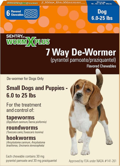 WORM X PLUS 7 Way De-Wormer Chewables for Dogs - Tablets for Small Dogs & Puppies (6-25 lbs) (pyrantel pamoate/praziquantel), 6 Count