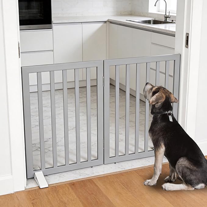 ZJSF Freestanding Indoor Dog Gate for House Foldable Wood Puppy Gate for Doorways Pet Gate for Stairs Extra Wide Pet Fence, Grey, 24" Height 2 Panels