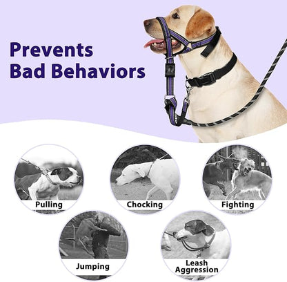 BARKLESS Soft Dog Head Collar, Patented Padded No Pull Head Halter, Training Nose Leash with Safety Link for Medium Large Dogs, Adjustable Muzzle Leash, Easy Control for Walking (L, Purple)